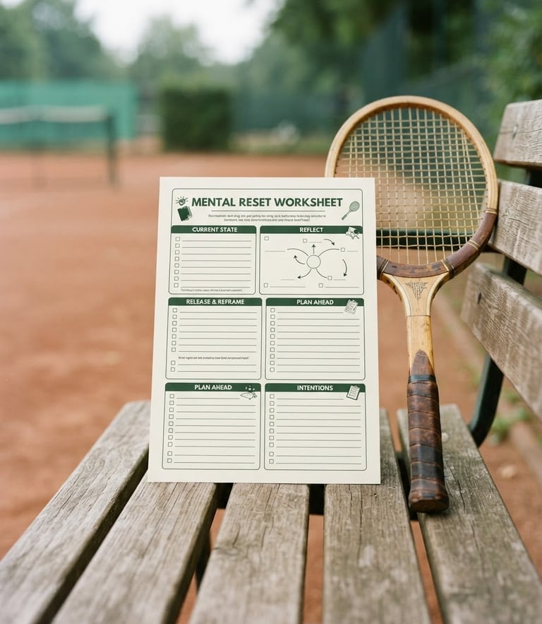 Overhead flat-lay of a printed mental reset worksheet resting on a clean wooden tennis bench beside a leather grip racket, soft overcast morning light.