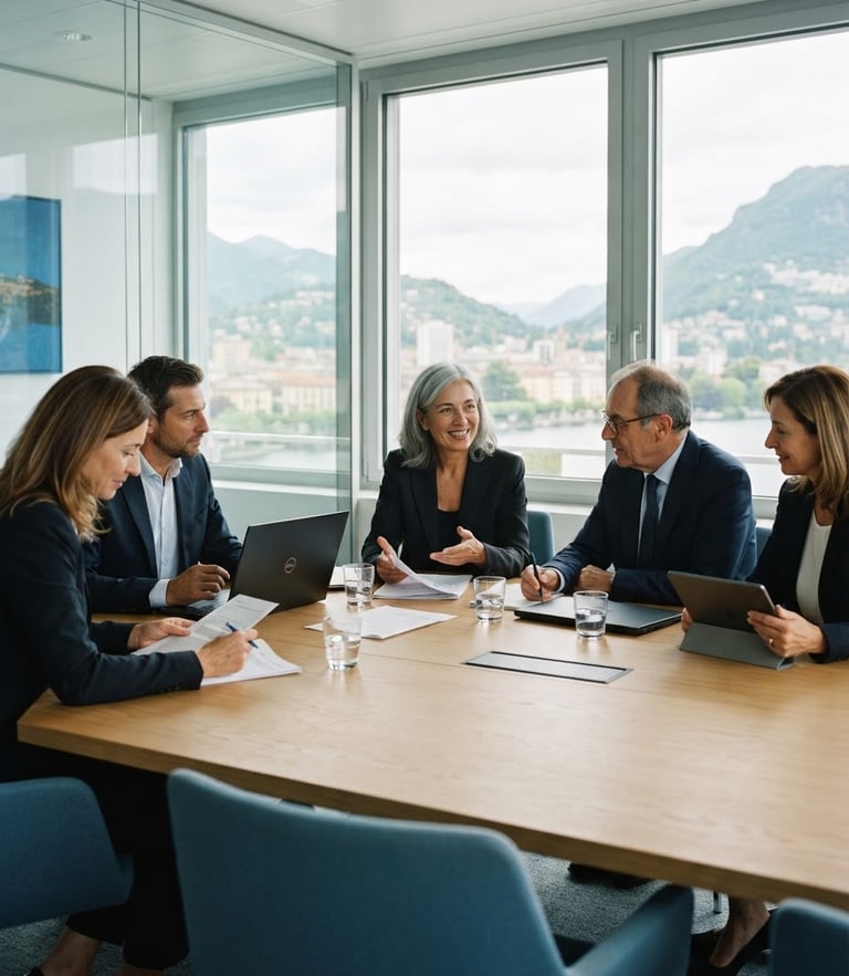 Professional portrait of a Swiss-Italian committee meeting, bright overcast daylight, clean modern office in Lugano, neutral tones, 35mm