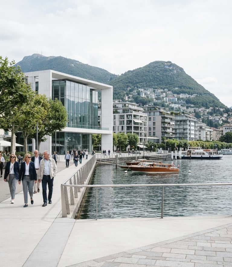 Clean environmental portrait of Lugano lakefront with modern Swiss architecture under bright overcast daylight, sharp focus 35mm