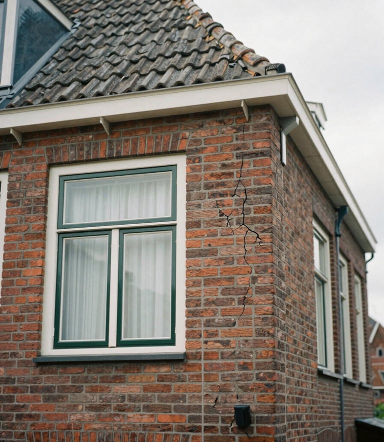 Authentic documentary photo of a traditional brick house in a Drenthe village, soft overcast daylight, focus on subtle structural cracks near a window, 35mm lens