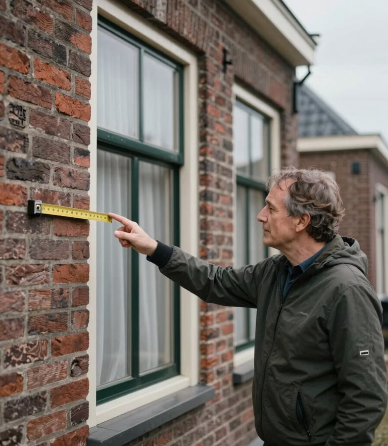 Realistic Dutch brick house in Assen with soft overcast daylight, eye-level authentic documentary photography, focusing on a friendly local advisor pointing to a wall with a measuring tool, muted natural tones.