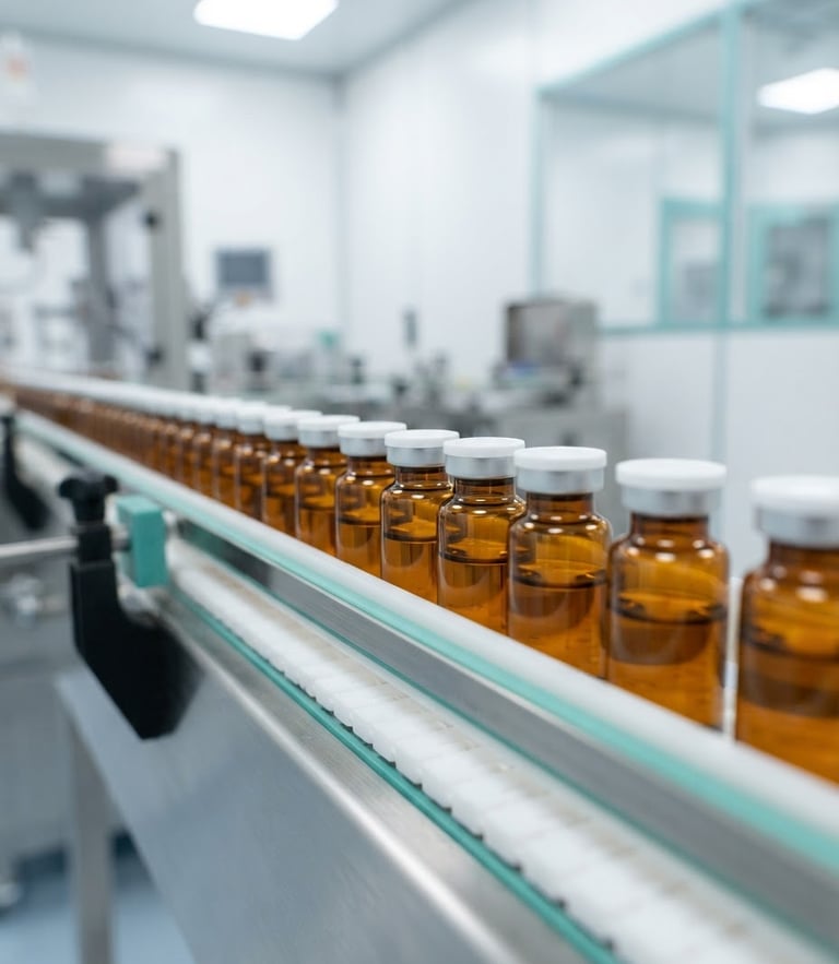 Macro shot of amber glass vials lined up on a sterile conveyor belt under bright clinical white light, sharp focus, 50mm lens