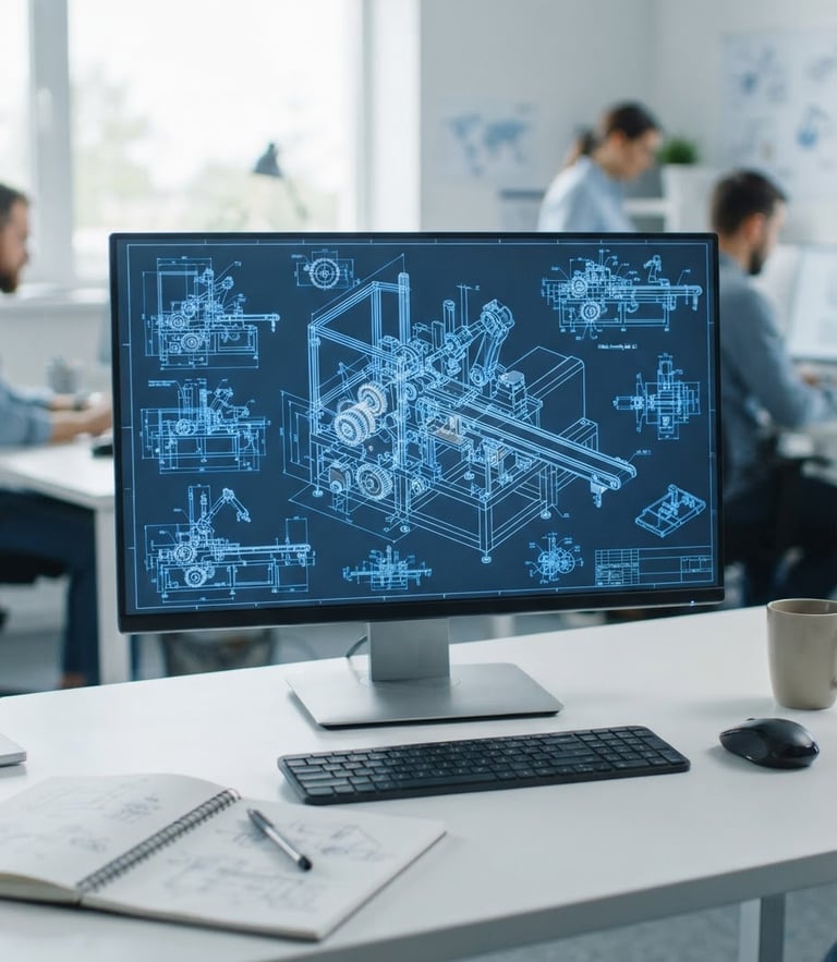 A close-up of a detailed CAD technical drawing of an industrial machine on a bright screen, clean engineering office environment, sharp focus, technical blue tones.