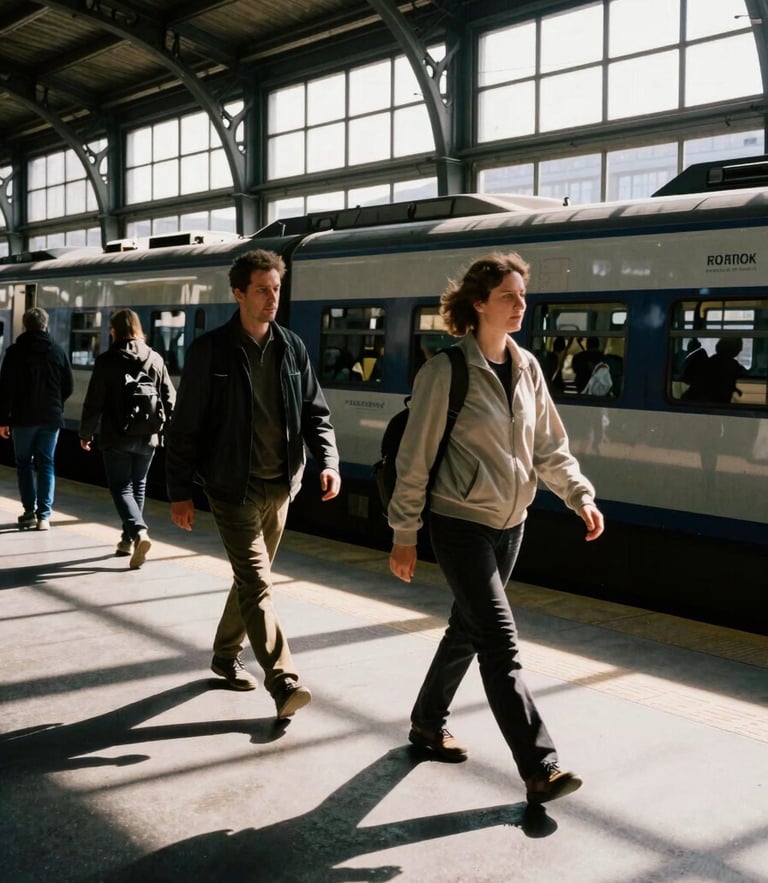 Candid motion shot of two travelers walking through a bustling high-contrast train station in Berlin, natural light, rich shadows, 35mm film aesthetic