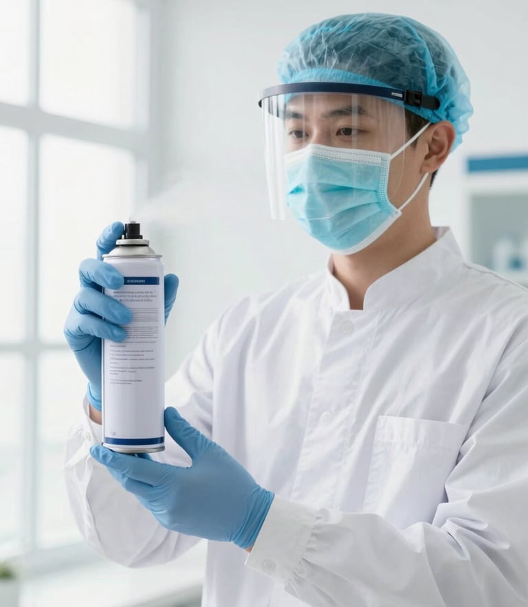 A professional technician in a clean white uniform and protective mask, holding a modern sanitized spraying canister, bright high-key indoor lighting, sterile white and deep teal tones, sharp focus, 35mm lens