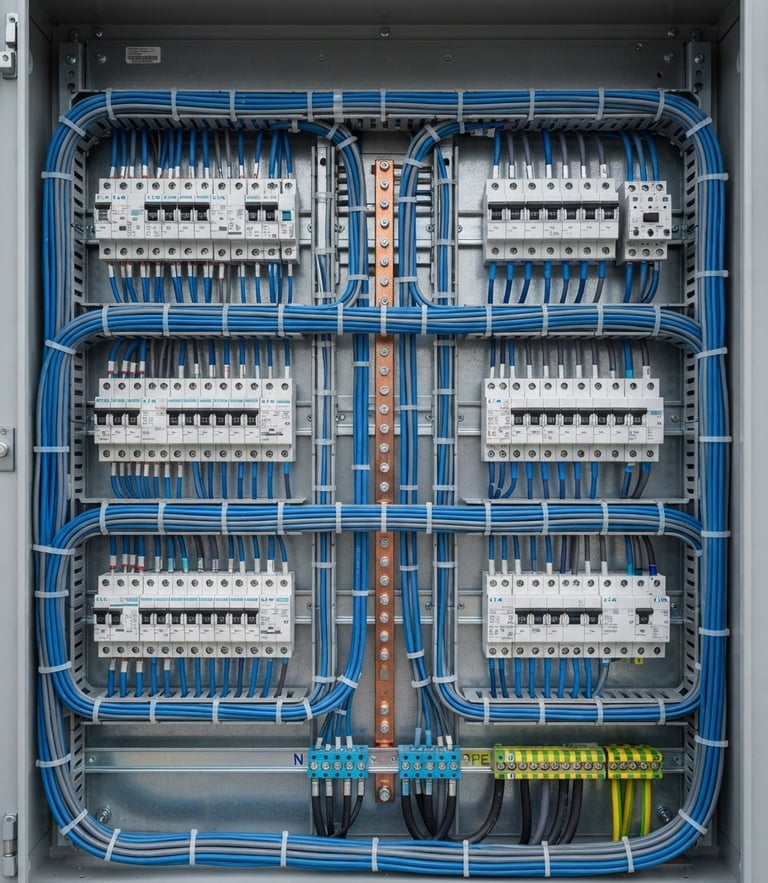Sharp geometric close-up of a modern electrical panel, neatly routed blue and gray wires, clean technical details, crisp daylight, 35mm architectural lens