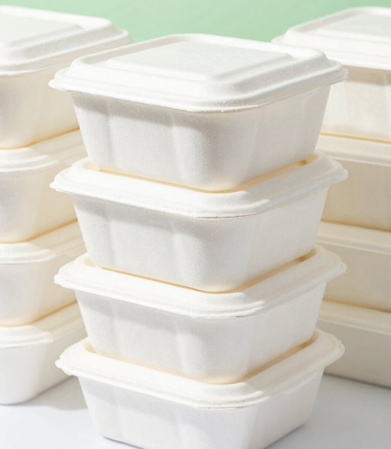 Close-up of neatly stacked biodegradable food containers in bright, natural daylight, crisp white background with subtle green accents
