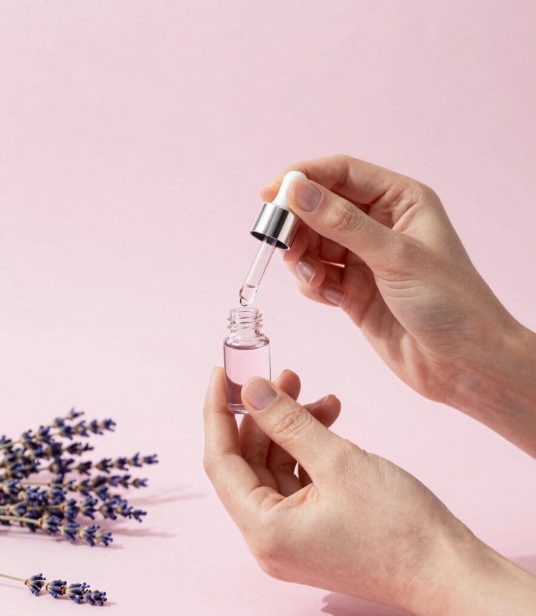 Clean editorial portrait of a woman formulating cosmetics with dried lavender and oils in soft morning daylight, pastel tones.
