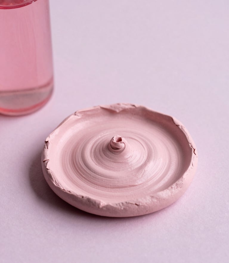 Close-up of pink clay and botanical oils on a soft dusty pink surface, diffused morning light, clean editorial composition