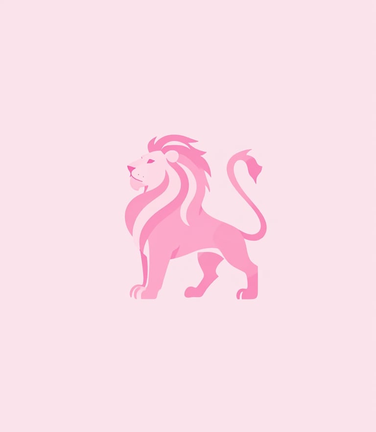 Minimalist clean vector illustration of a pink lion emblem, soft pastel pink background, elegant feminine branding