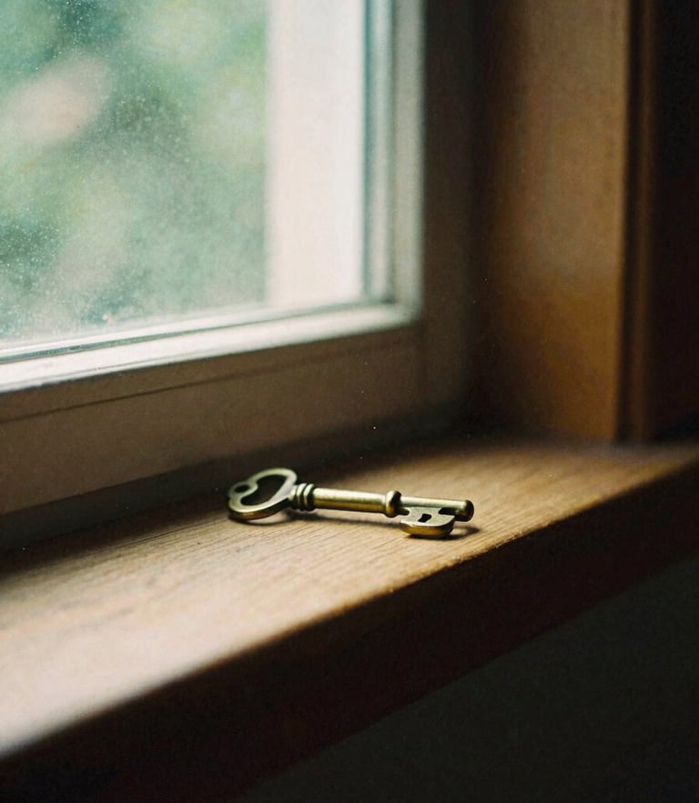 Soft directional window light shining on an old brass key resting on a wooden windowsill, tiny dust motes dancing in the air, warm atmospheric photography, 35mm film.