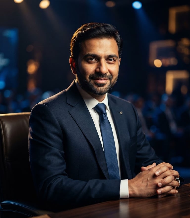 Sharp executive studio portrait of Apar Jain with subtle golden backlighting, deep blue tones, shallow depth of field, high-end editorial style.