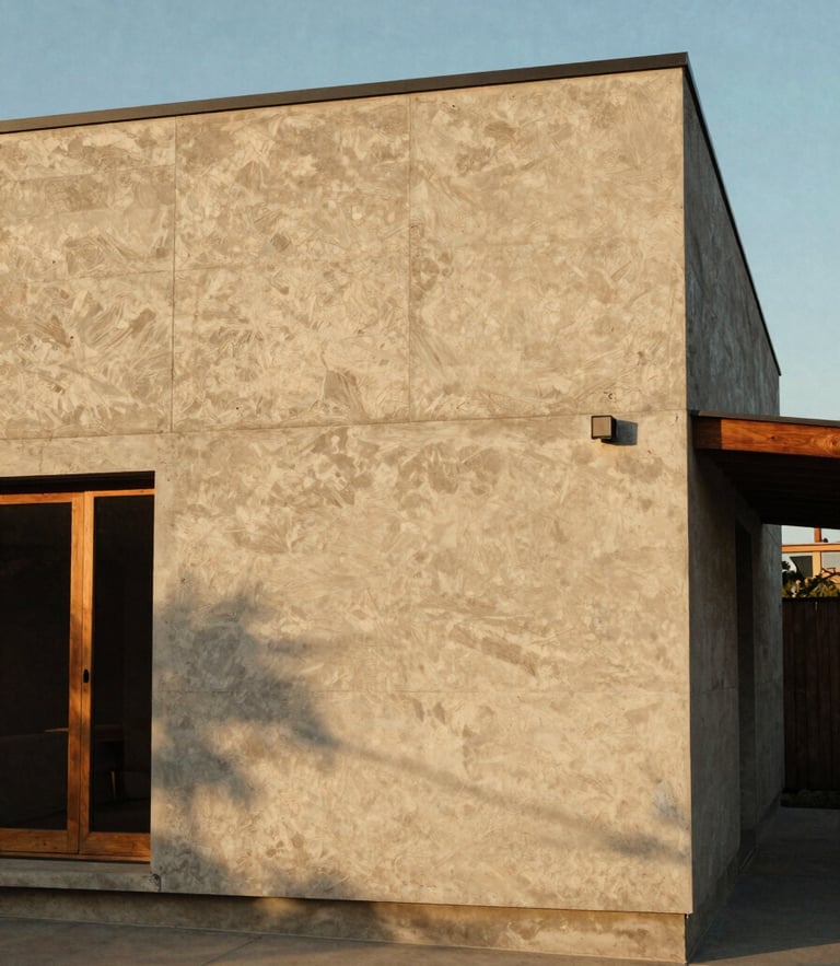 Straight-on architectural elevation of a concrete and timber dwelling, low-angle golden hour sunlight casting long shadows on textured plaster, medium format film
