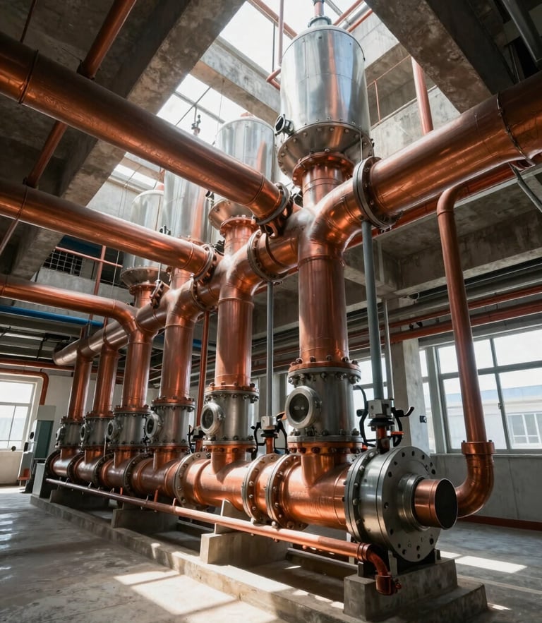 Wide-angle structural shot of a complex commercial chiller plant room, copper piping manifolds, high-contrast industrial lighting, natural daylight filtering through concrete structures.