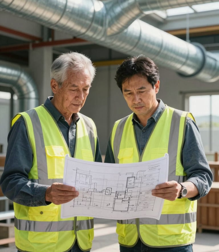 An M&E engineer in a safety vest reviewing physical blueprints on-site against a backdrop of newly installed galvanized ducting, natural daylight