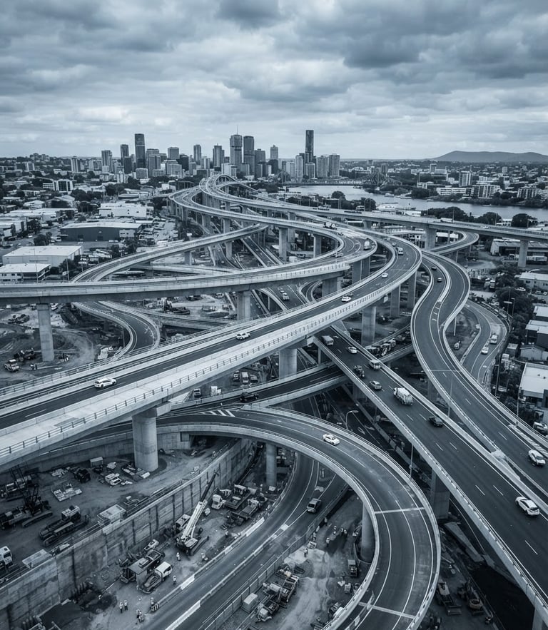 Wide environmental shot of a massive Queensland highway infrastructure development, dramatic concrete flyovers under cool overcast daylight, desaturated steel blue tones, sharp architectural focus.