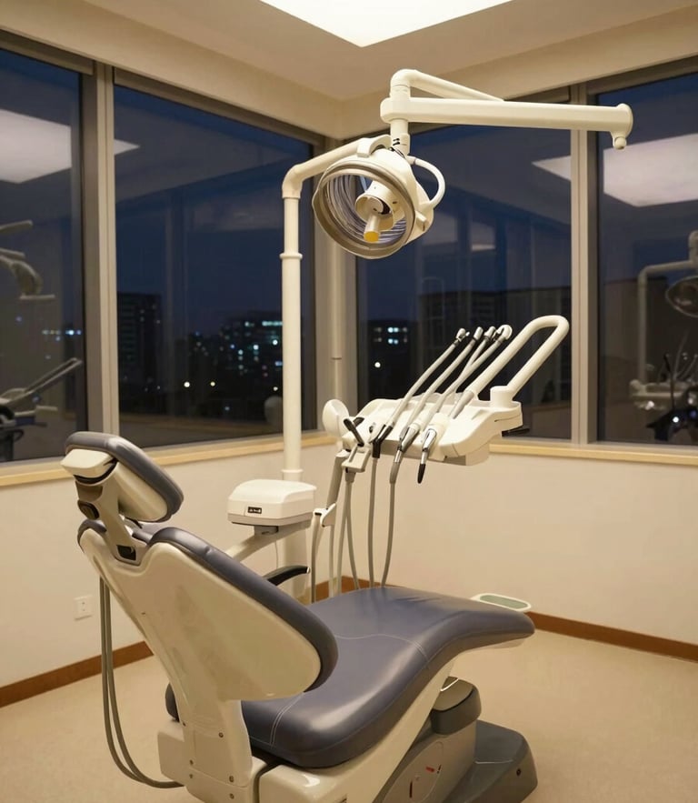 Wide angle view of a modern dental operatory at night, soft warm ambient lighting, pristine sterile equipment, large window showing dark city sky.