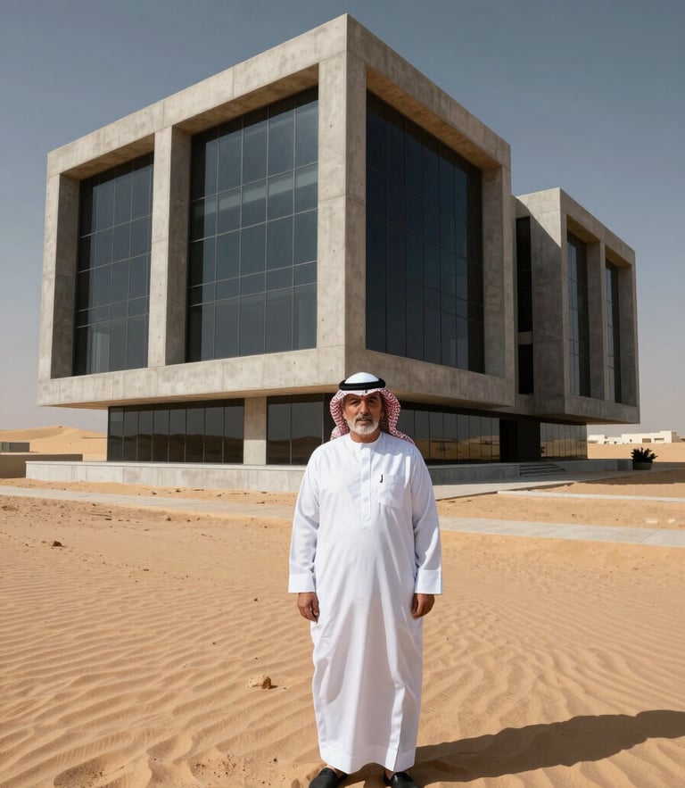 High-contrast architectural portrait of a senior Saudi engineer in a structured concrete and glass office, crisp desert daylight, warm sand tones.
