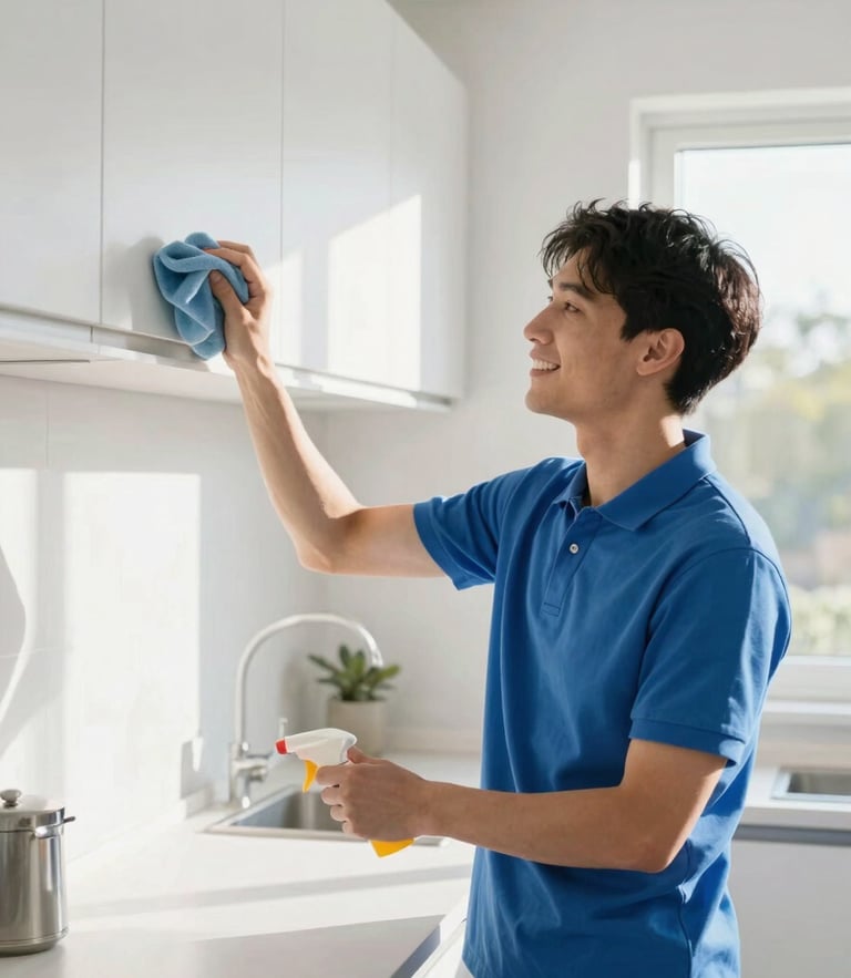 A smiling professional cleaner in a freshly pressed blue polo uniform, dusting a sunlit modern kitchen shelf, natural daylight pouring in.
