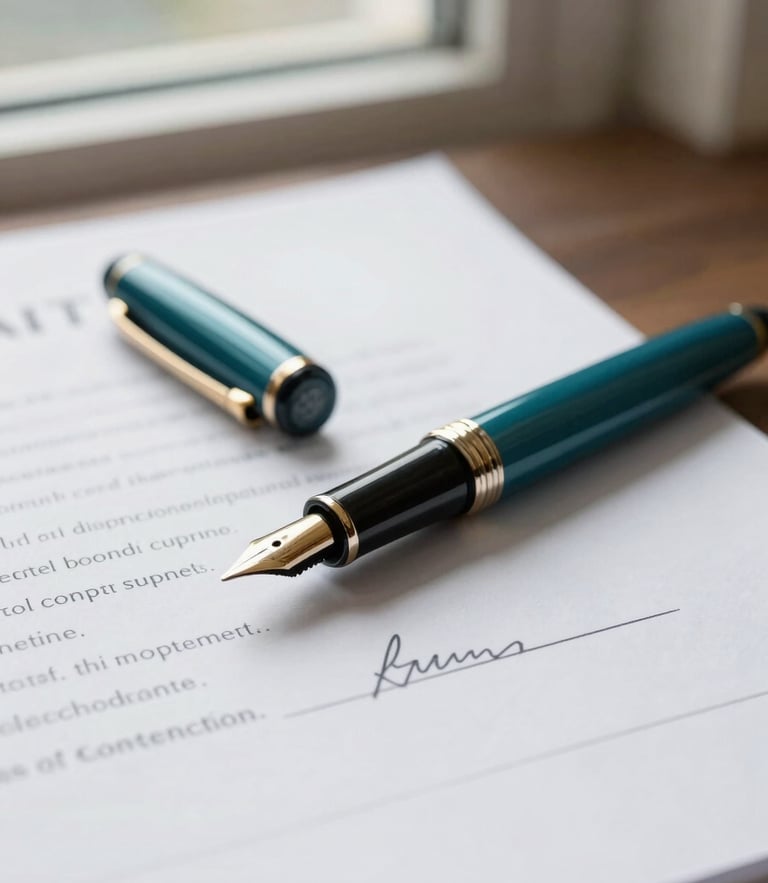 Close-up of elegant fountain pen resting on a signed corporate contract, soft natural window light, deep teal tones, shallow depth of field, 35mm