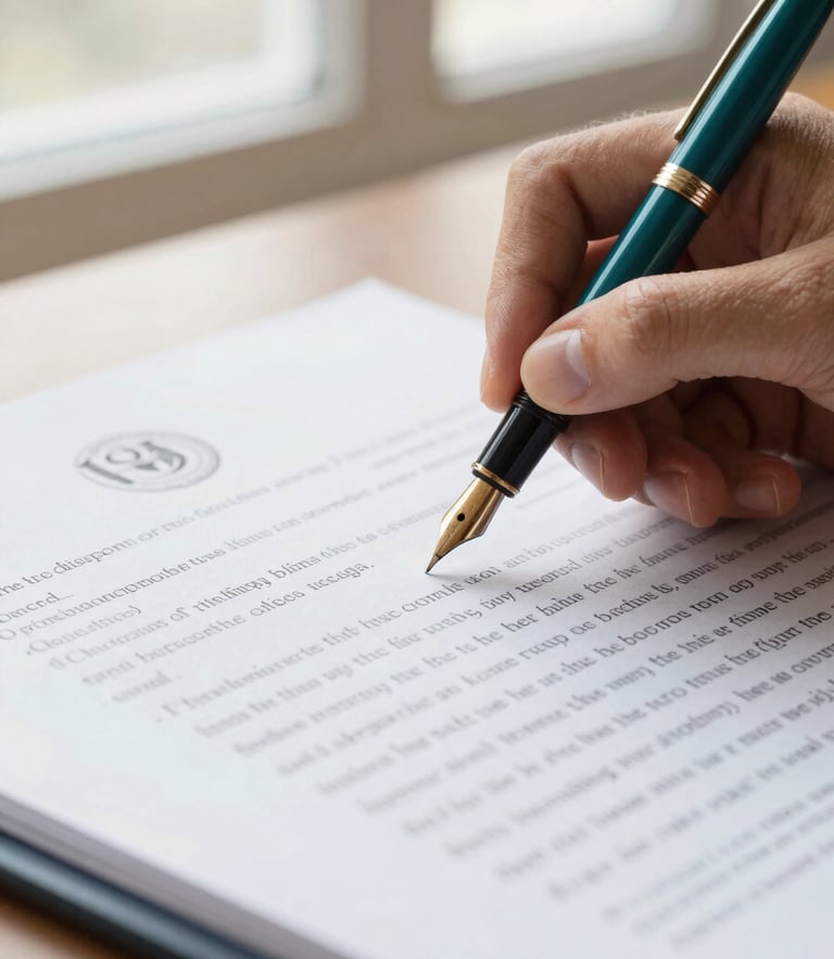 Close-up of a fountain pen signing a structured corporate contract, warm natural window light, deep teal and gold accents, 35mm