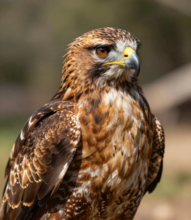 Close-up portrait of a rescued hawk at Que Onda Rapaz sanctuary, warm natural sunlight highlighting the detailed texture of its feathers, soft outdoor background, shallow depth of field.