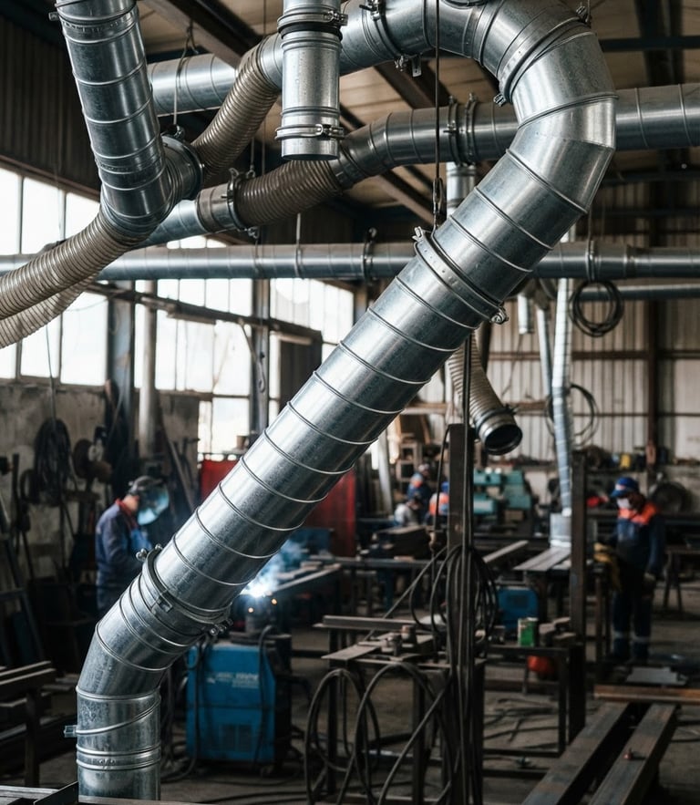 Industrial workshop in Batman, close-up of shiny galvanized steel Spiro ducts, natural high-contrast lighting, 35mm lens