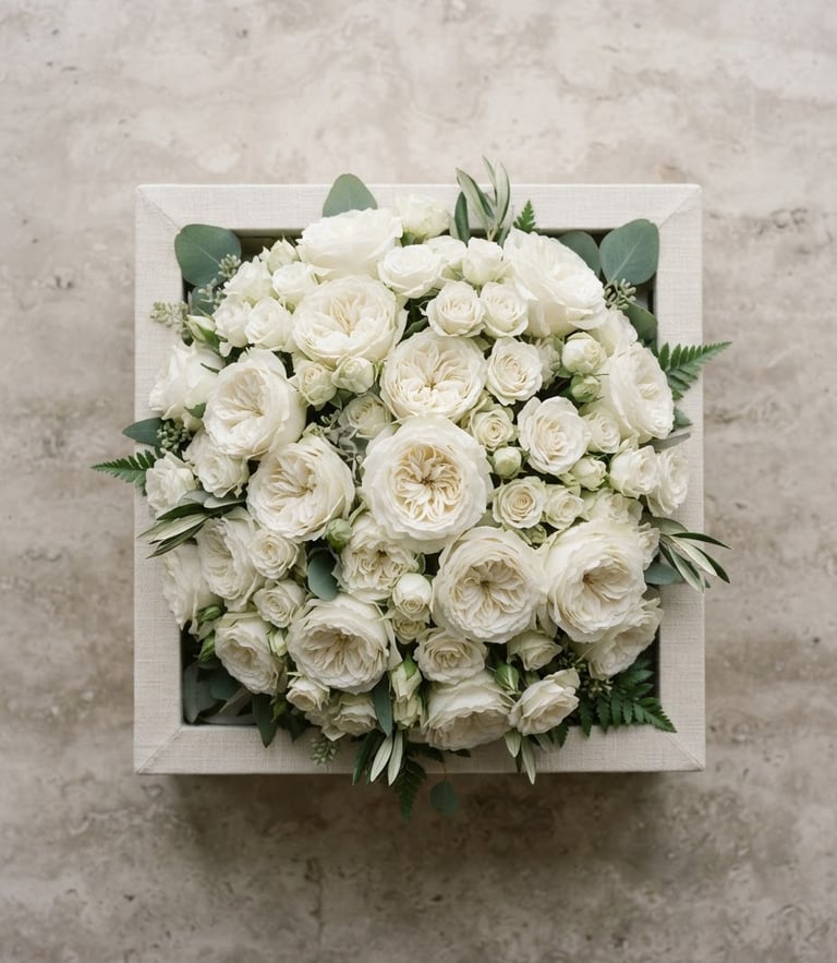 Overhead flat-lay of a sculptural white rose bouquet in a signature linen-wrapped box on a neutral stone backdrop, soft window light, 85mm lens