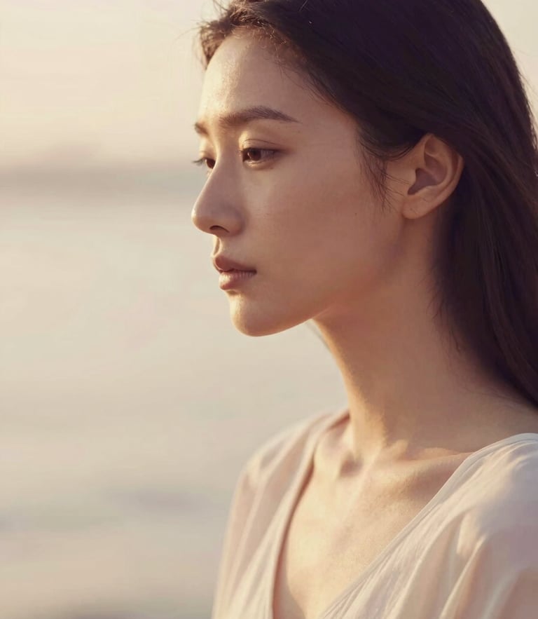 A serene, minimalist portrait of a woman in quiet contemplation, soft-focused, bathed in diffused golden hour light, warm cream tones, shallow depth of field, 35mm