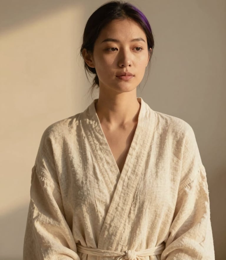 Minimalist portrait of a female holistic healer in a serene cream-toned linen robe, soft golden-hour light, warm and authentic atmosphere