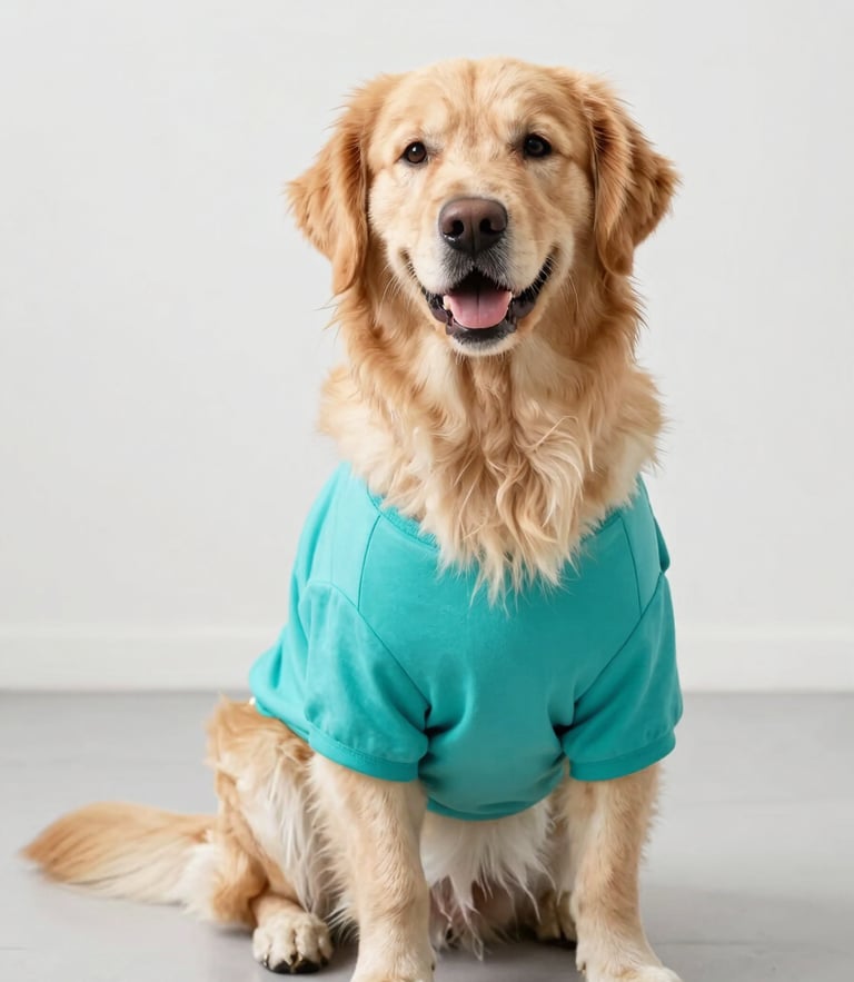 A happy fluffy golden retriever wearing a bright teal custom-fit shirt, sitting proudly on a clean light-grey studio floor, smiling, soft natural daylight, shallow depth of field, 35mm