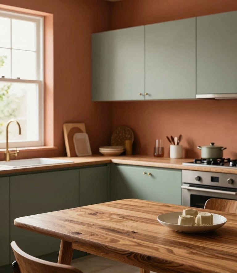 A beautifully designed modern kitchen showroom with terracotta walls, sage green cabinets, and a warm wood-grain dining table under soft window light, showcasing slow-living home aesthetic.