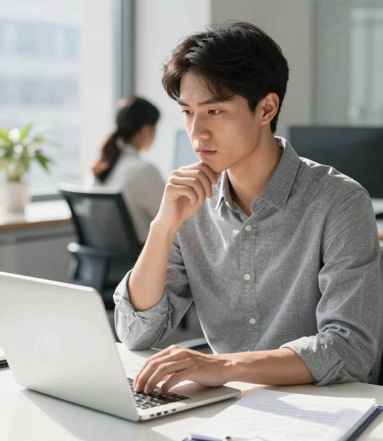 A focused young professional working at a clean, sunlit desk with a laptop, looking thoughtful and engaged, bright natural daylight, high-end editorial style.