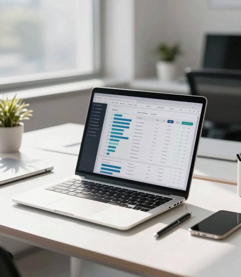 A bright modern workspace with a clean laptop displaying dashboard analytics, sunlight streaming through a window, professional remote work environment