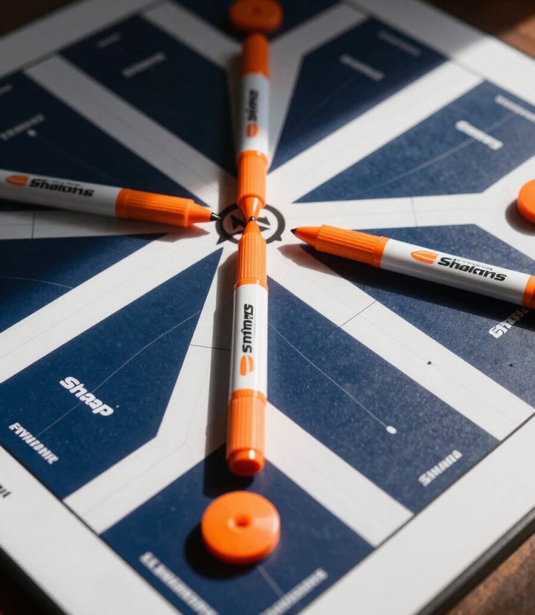 Sharp close-up of a physical strategy board with deep navy and safety-orange markers, high-contrast directional natural light.