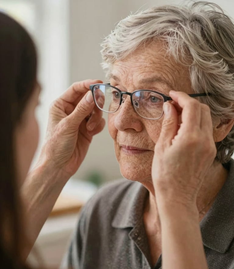Warm close-up of a volunteer assisting an elderly woman adjusting her new prescription glasses, natural daylight, soft focus background, 35mm.