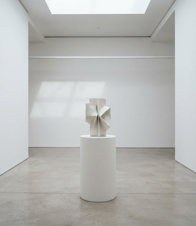 A minimalist gallery photography of a clean white exhibition space, soft diffused daylight, neutral white and grey tones, sharp focus, 50mm