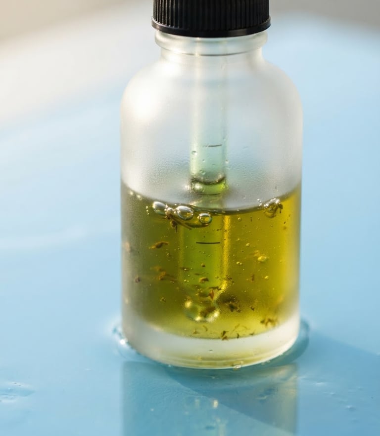 Extreme close-up of raw botanical oils in a frosted glass dropper bottle, soft morning light reflecting on a sky blue surface, macro lens