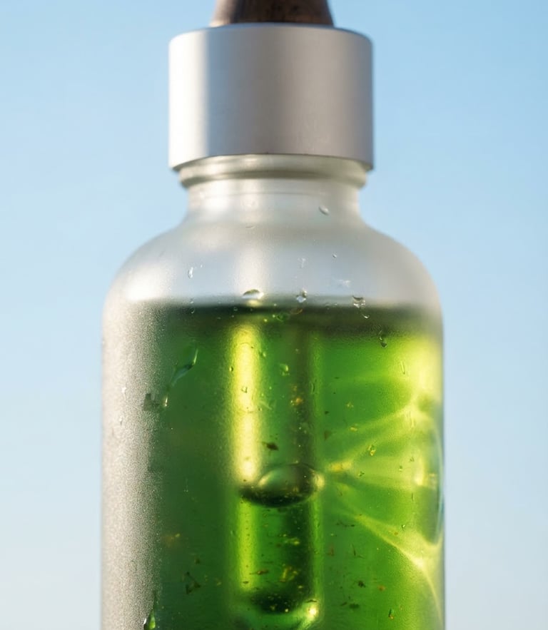 Extreme close-up of premium cold-pressed botanical oil in a frosted glass vessel, soft morning sunlight refracting through the green liquid, clean sky blue background, minimal composition