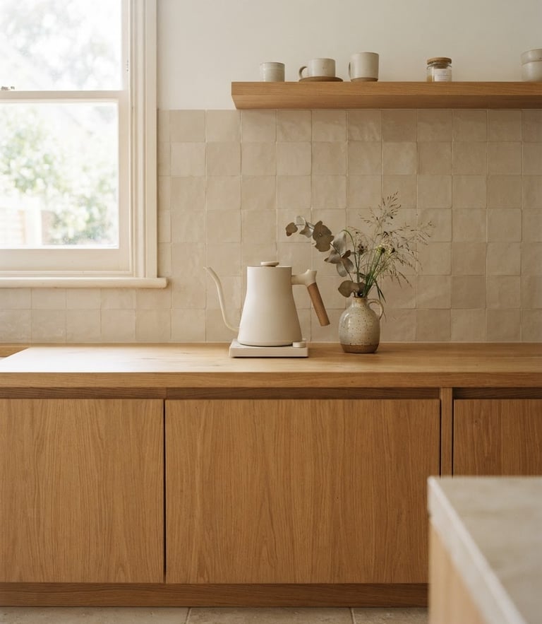 Straight-on architectural shot of a bright minimalist kitchen counter, a matte textured cream kettle sitting next to a small ceramic vase, soft natural window light, muted earthy tones.