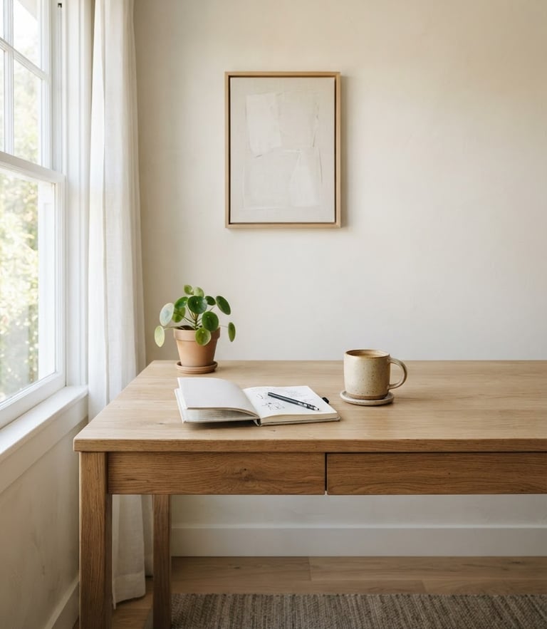 Straight-on architectural shot of a bright, minimalist workspace, styled oak desk with a ceramic mug and a clean notebook, soft natural window light, muted earthy tones.