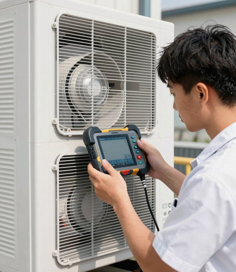 Tight action-oriented shot, bright natural daylight, a professional technician in clean uniform adjusting a digital diagnostic tool connected to a modern ventilation system, sharp focus on technical details, 35mm lens.