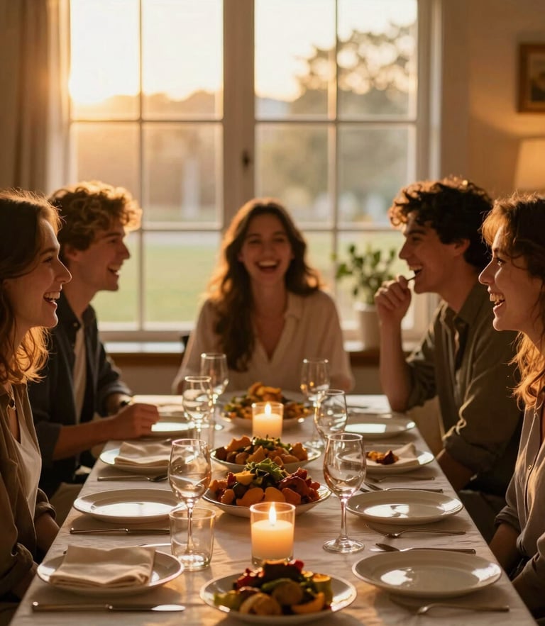 Candid medium shot of four friends laughing around a beautifully lit dinner table, golden-hour ambient window light, warm tones, shallow depth of field.