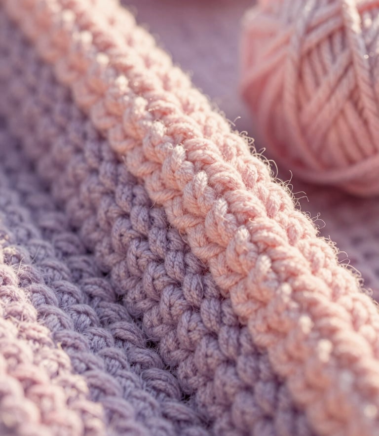 Close-up of hand-crocheted lavender yarn texture, soft golden-hour sunlight, warm and whimsical editorial photography, 35mm lens