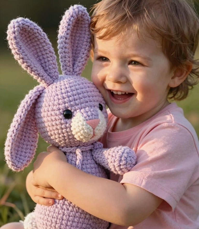 Close-up of a happy toddler hugging a hand-crocheted lavender amigurumi bunny, soft warm golden-hour side-lighting, highlighting yarn textures.