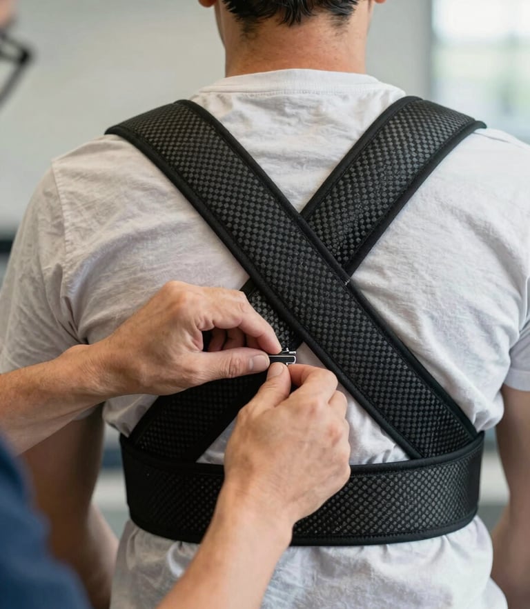 Plano detalle de un técnico ortopedista ajustando con precisión un arnés de fibra de carbono sobre un sistema postural, luz natural difusa y diáfana