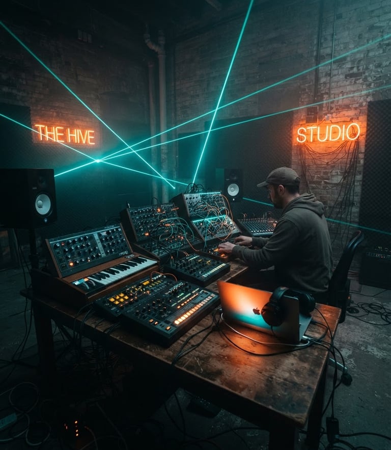 Dynamic wide-angle shot of a dark music studio illuminated by glowing teal lasers and orange neon, analog gear on a wooden desk, atmospheric warehouse vibes