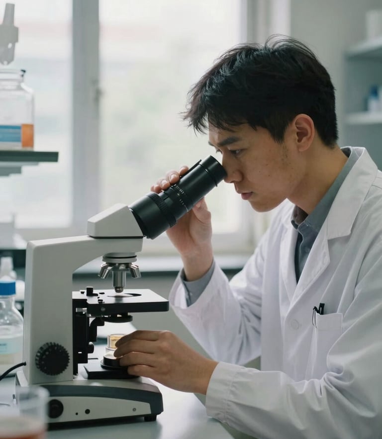 A focused medical researcher in a modern, natural-light laboratory looking at a specimen, soft window lighting, shallow depth of field, 35mm lens