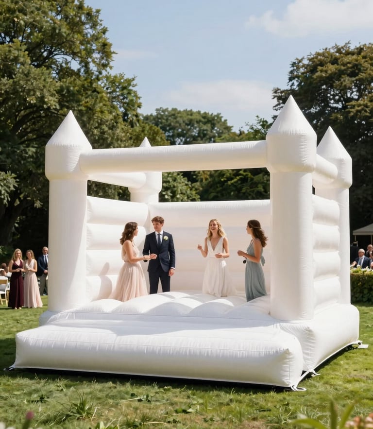 A beautiful white wedding bouncy castle on a pristine green lawn, bright sunny daylight, happy guests in elegant attire, professional editorial photography