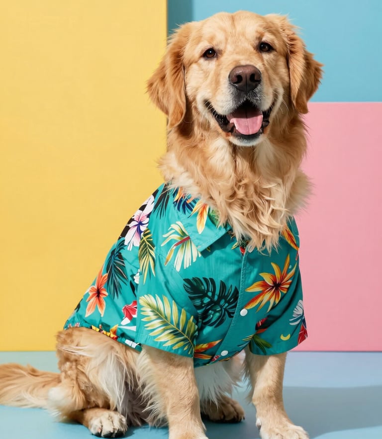 Vibrant studio pet photography of a happy golden retriever wearing a colorful teal tropical shirt, sitting proudly in bright natural daylight, colorful clean background, 50mm